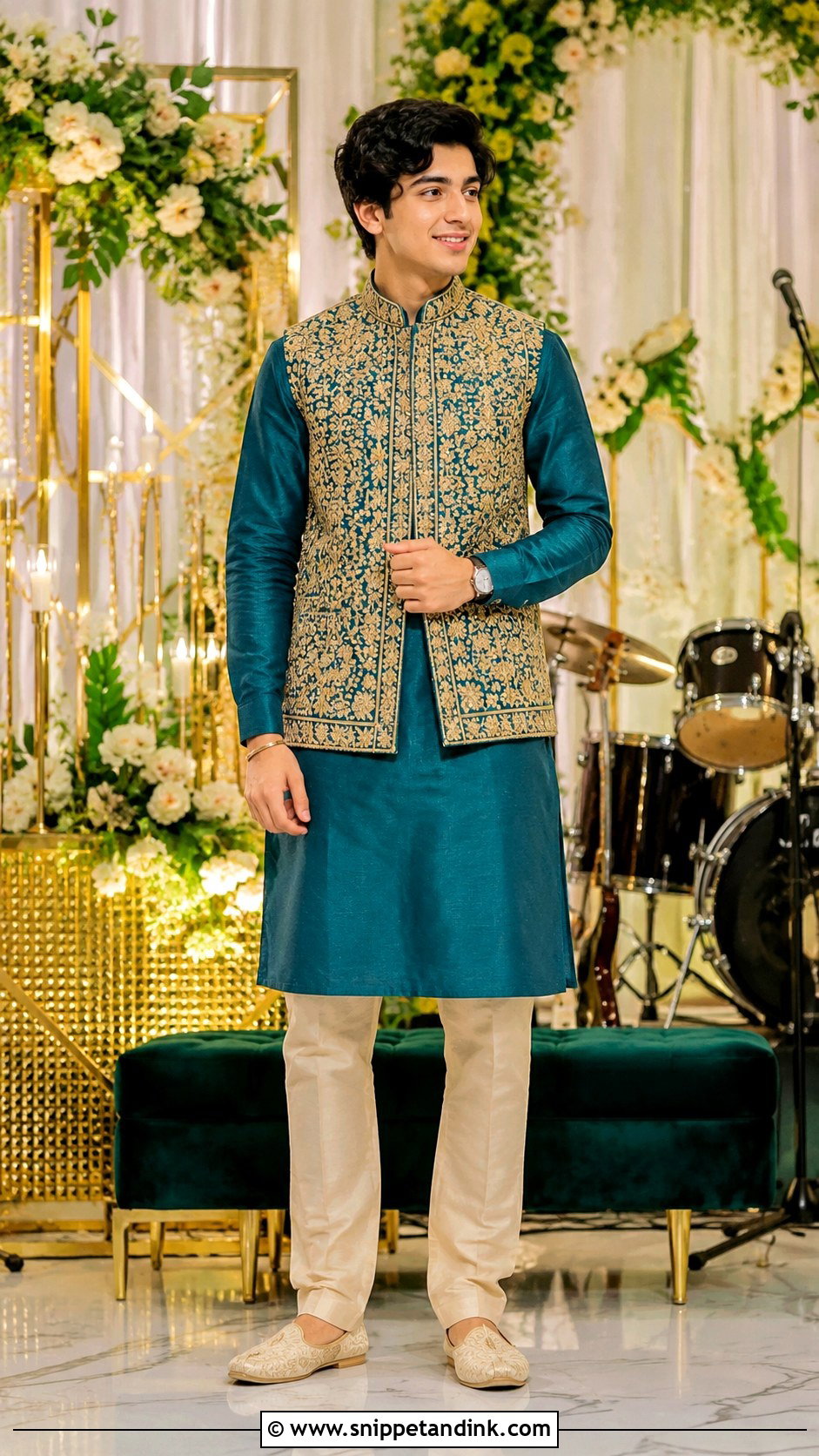 Teal Kurta With Embroidered Waistcoat - Snippet and Ink - 20 Boys Sangeet Outfit Ideas