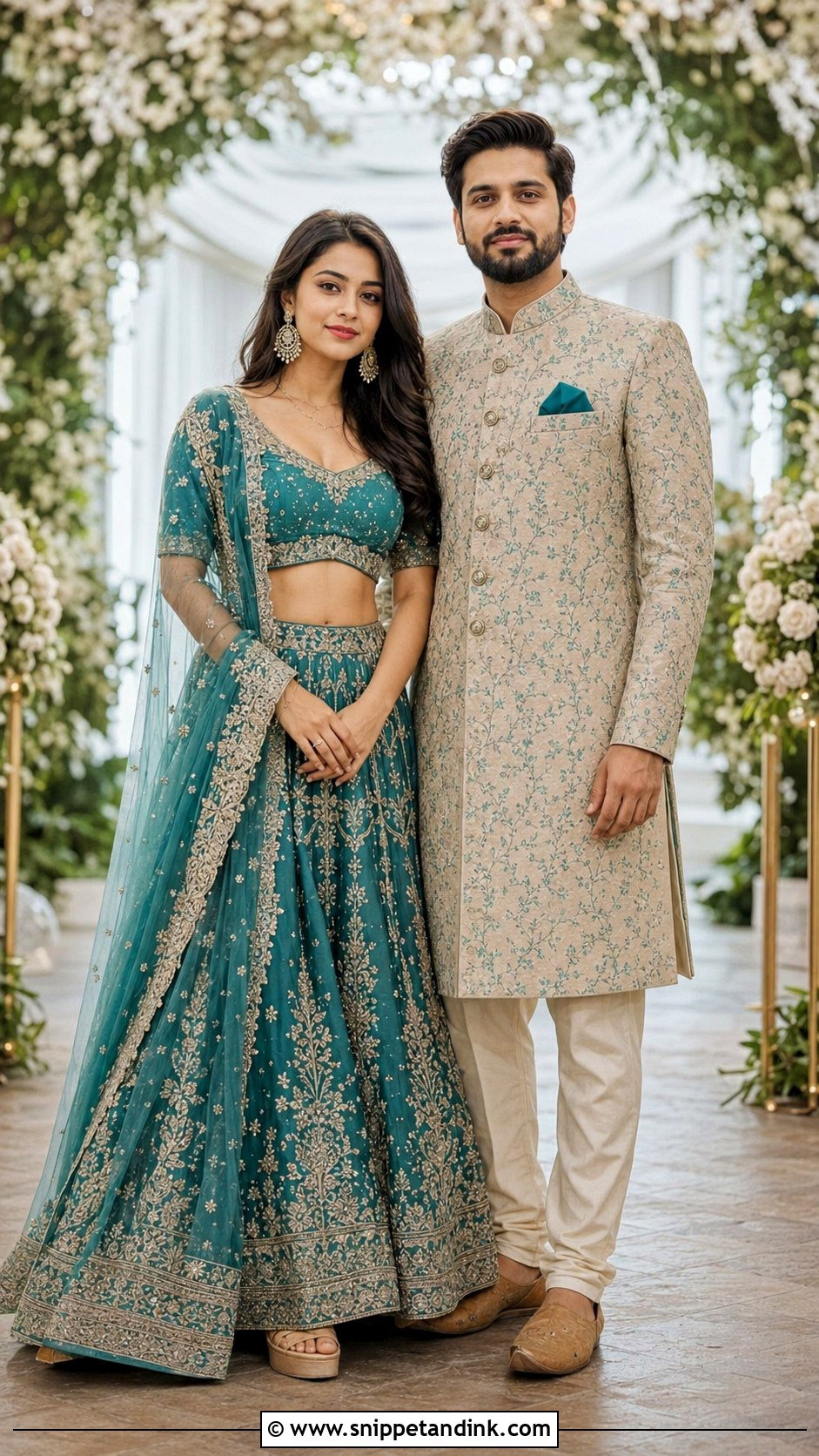 Teal Lehenga And Beige Sherwani - Snippet and Ink - 20 Couple Matching Outfits Indian Wedding