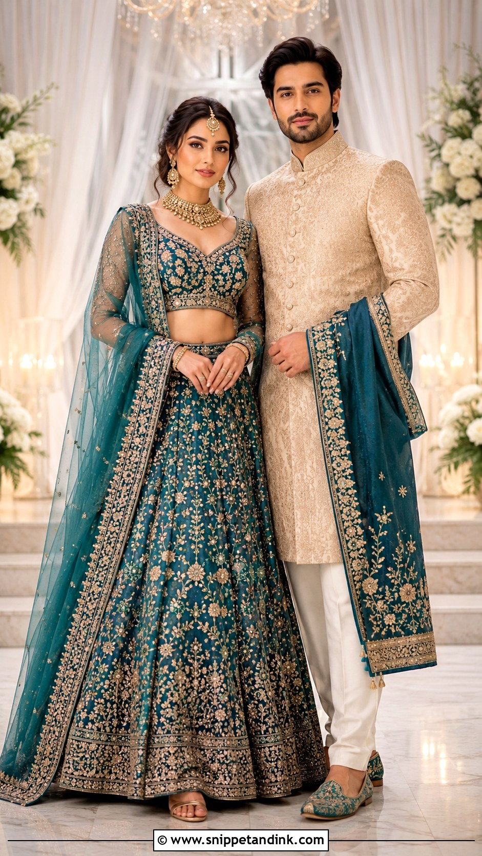 Teal Lehenga And Champagne Sherwani - Snippet and Ink - 20 Couple Matching Dress Indian Wedding Ideas