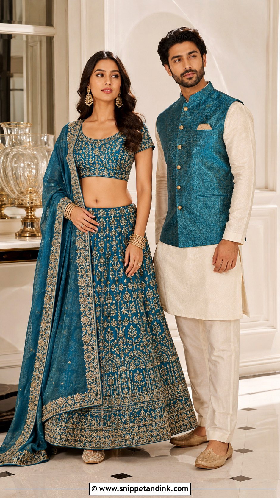 Teal Lehenga And Jacquard Jacket Indian Wedding Outfit - Snippet and Ink - 20 Indian Wedding Matching Outfits