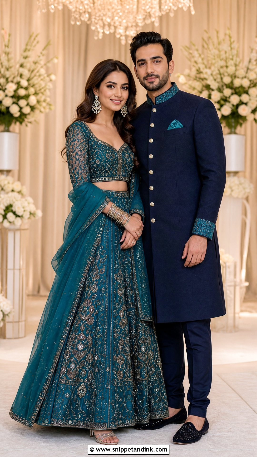 Teal Lehenga And Navy Sherwani - Snippet and Ink - 20 Ring Ceremony Couple Dress Ideas