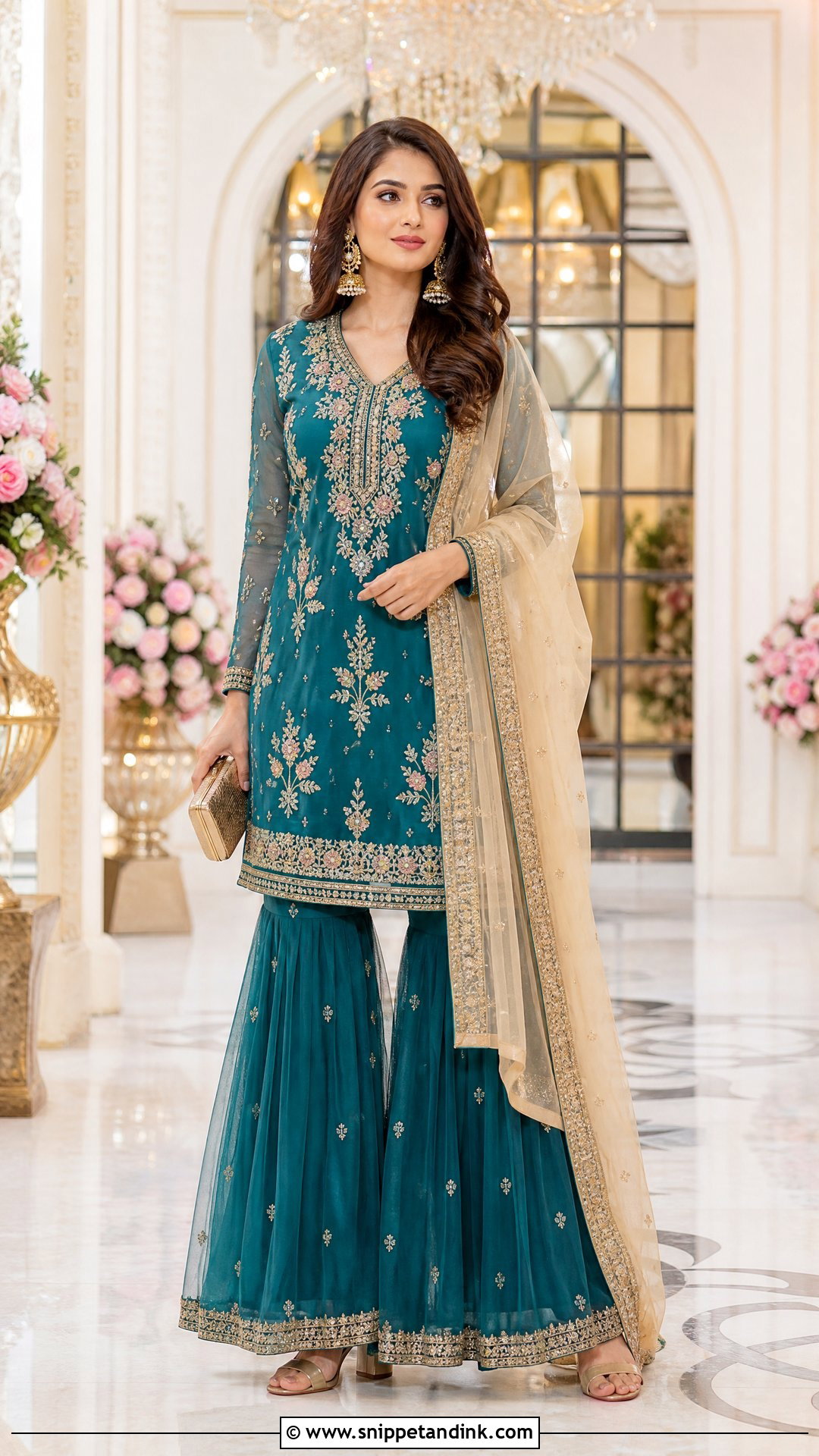 Teal Long Kurta Net Sharara - Snippet and Ink - 20 Net Sharara Ideas
