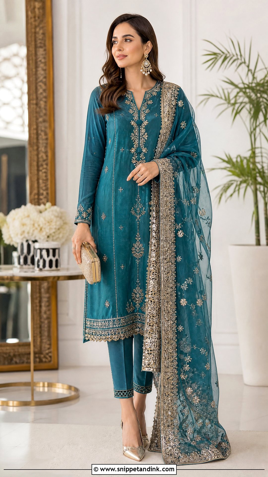 Teal Long Shirt With Cigarette Pants - Snippet and Ink - 25 Pakistani Long Shirt Wedding Dress Ideas