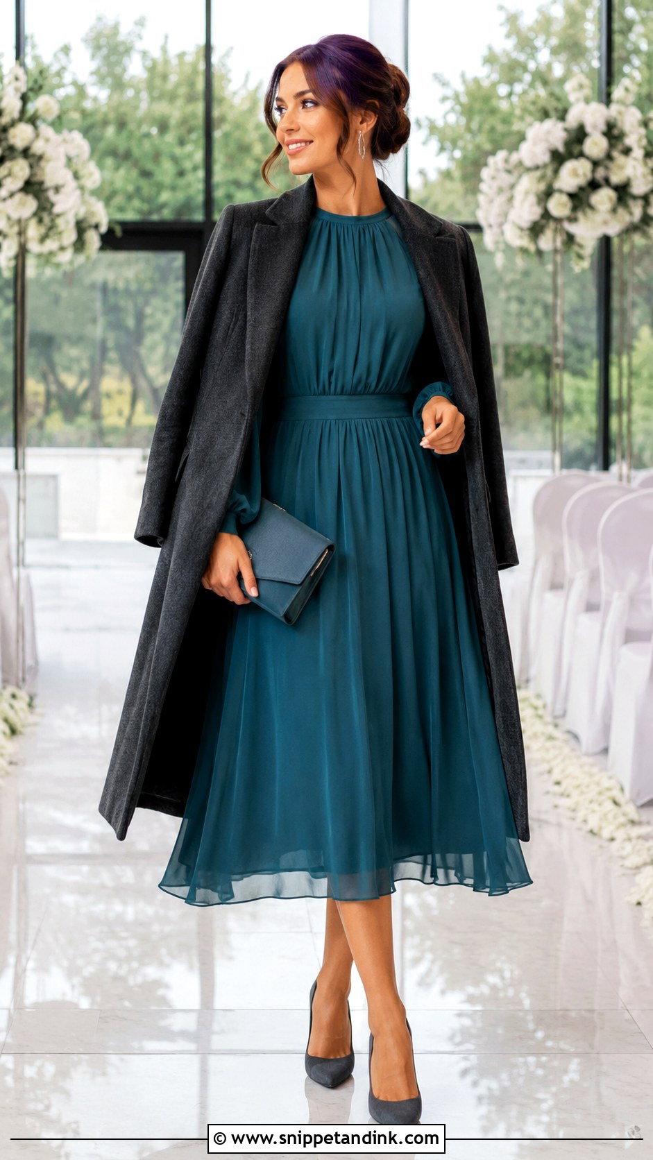 Teal Long Sleeve Midi Dress With Gray Pumps - Snippet and Ink - 20 Casual Winter Wedding Dress Ideas