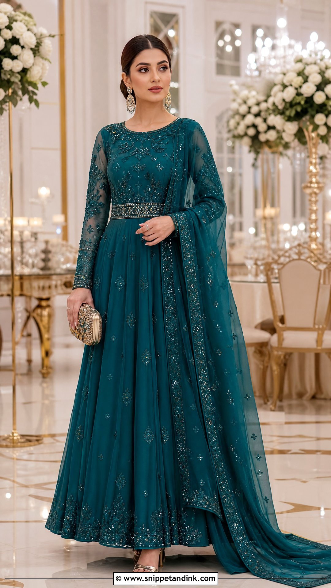 Teal Long Sleeve Walima Gown - Snippet and Ink - 20 Walima Gown Ideas