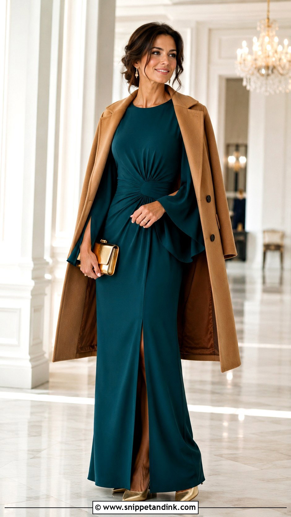 Teal Maxi Fall Wedding Dress With Gold Accessories - Snippet and Ink - 20 Fall Wedding Dresses