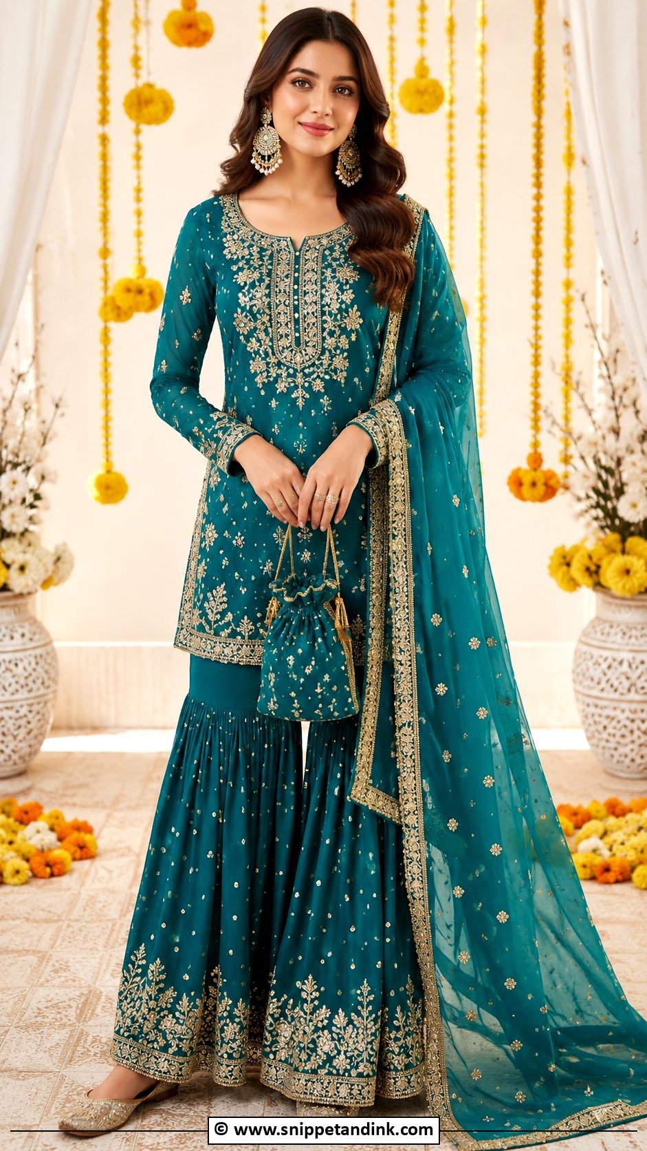 Teal Mehandi Gharara Outfit - Snippet and Ink - 30 Mehandi Outfits