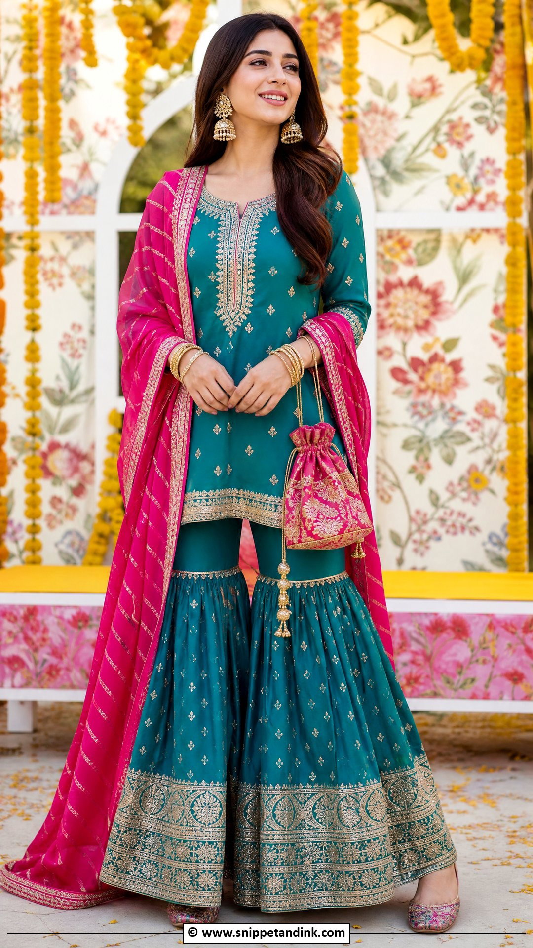 Teal Mehndi Gharara With Pink Dupatta - Snippet and Ink - 35 Mehndi Dresses
