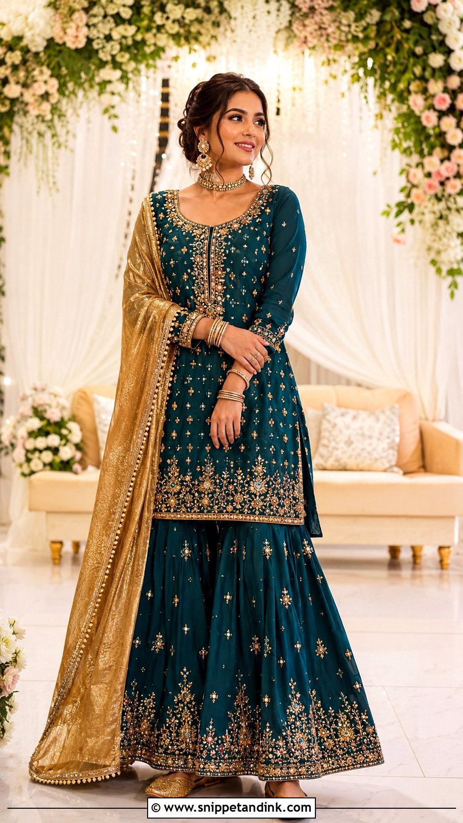 Teal Mehndi Sharara With Gold Dupatta - Snippet and Ink - 25 Mehndi Sharara Outfit Ideas