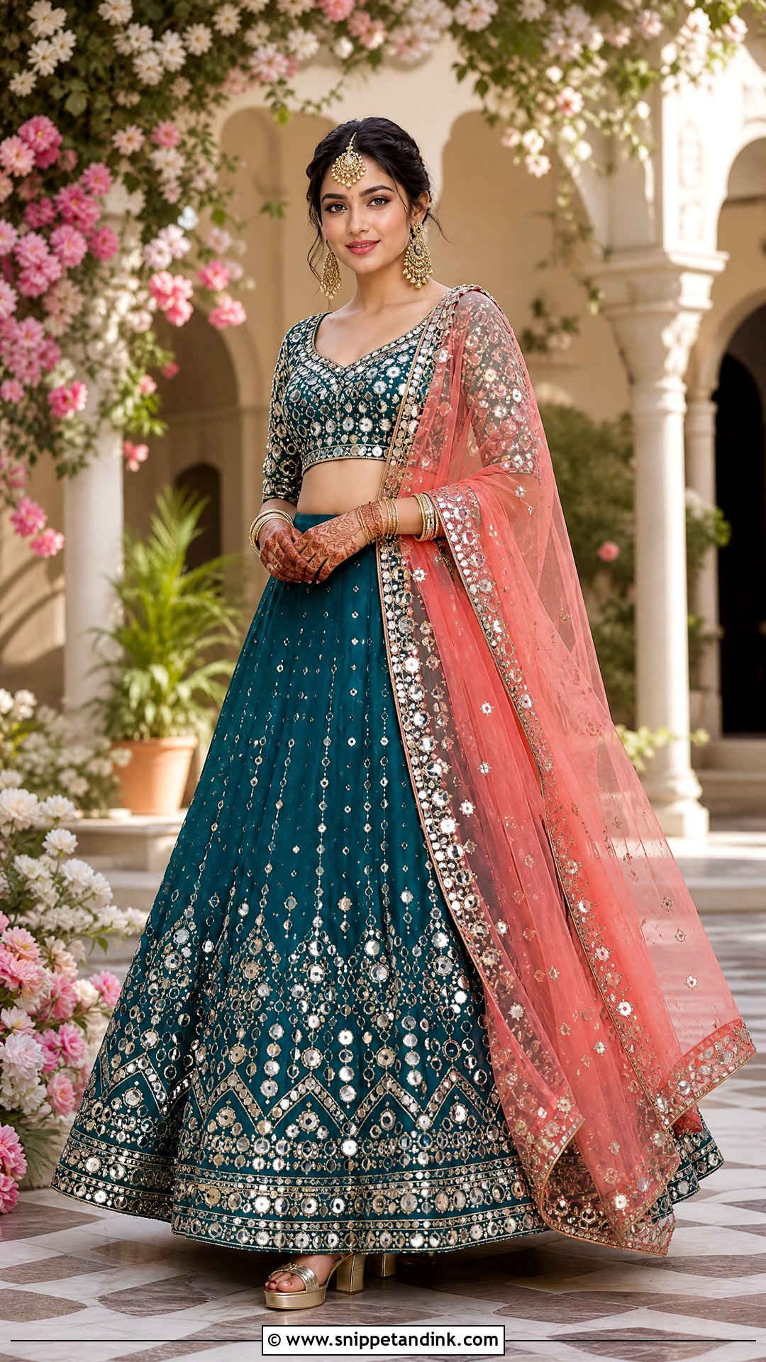 Teal Mirror Work Mehndi Lehenga - Snippet and Ink - 20 Pakistani Bridal Mehndi Dress Ideas