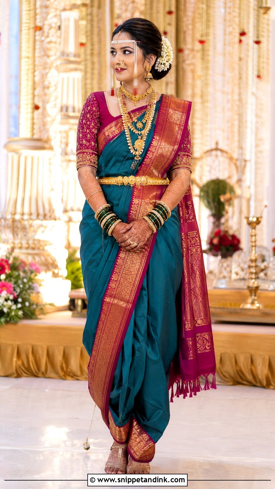 Teal Nauvari Bride Look - Snippet and Ink - 20 Nauvari Bride Look Ideas