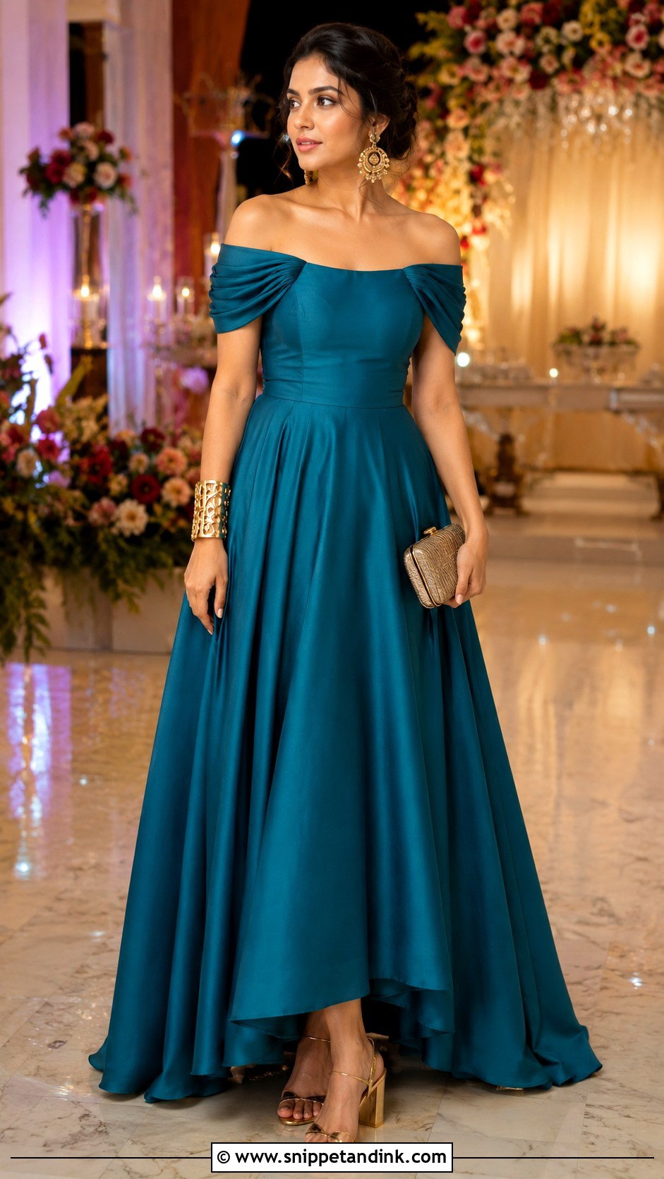 Teal Off Shoulder Cocktail Gown With Gold Clutch - Snippet and Ink - 20 Cocktail Gowns Indian Weddings