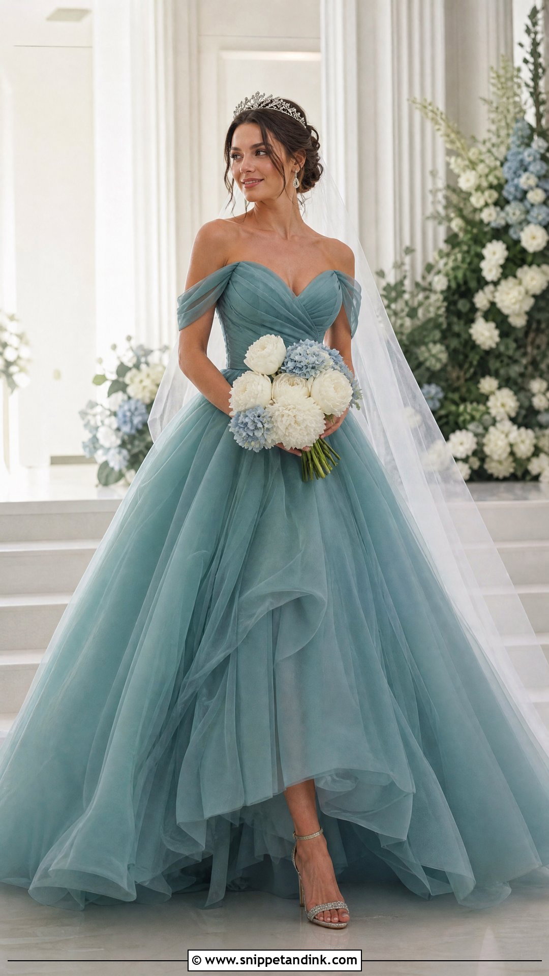 Teal Off Shoulder Princess Wedding Dress - Snippet and Ink - 25 Teal Wedding Dress Ideas