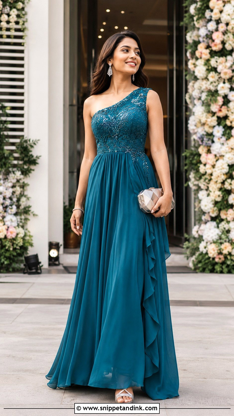 Teal One Shoulder Gown for Sangeet Function - Snippet and Ink - 20 Gown for Sangeet Function Ideas
