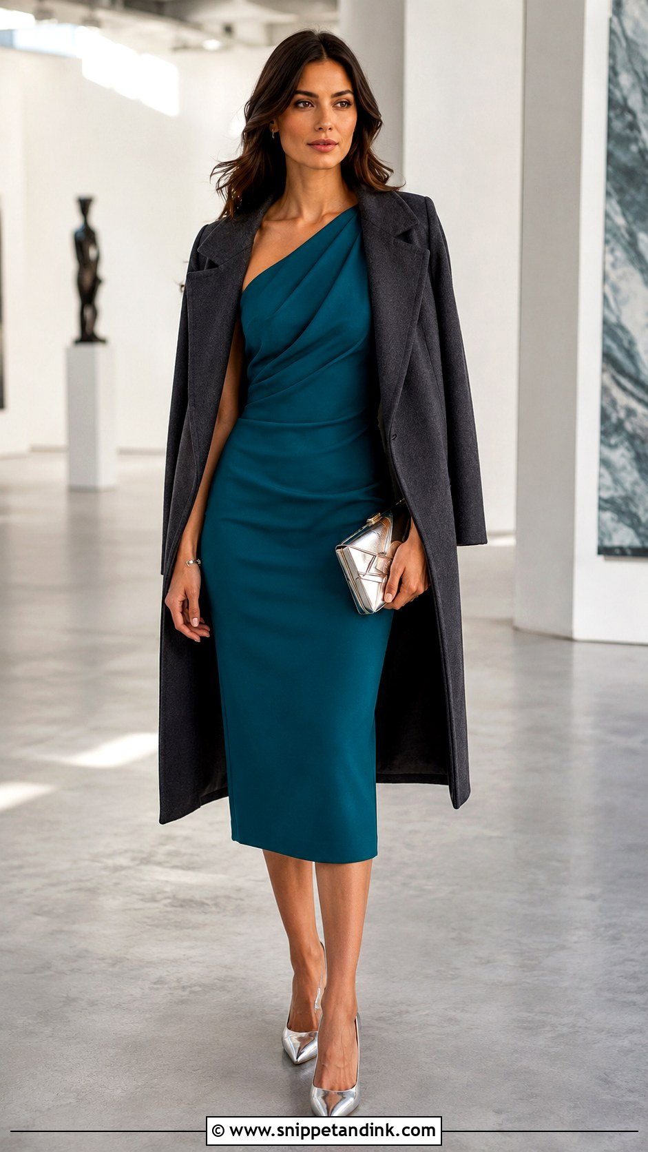 Teal One Shoulder Midi Dress Fall Wedding Outfit - Snippet and Ink - 20 Fall Semi Formal Wedding Attire Ideas