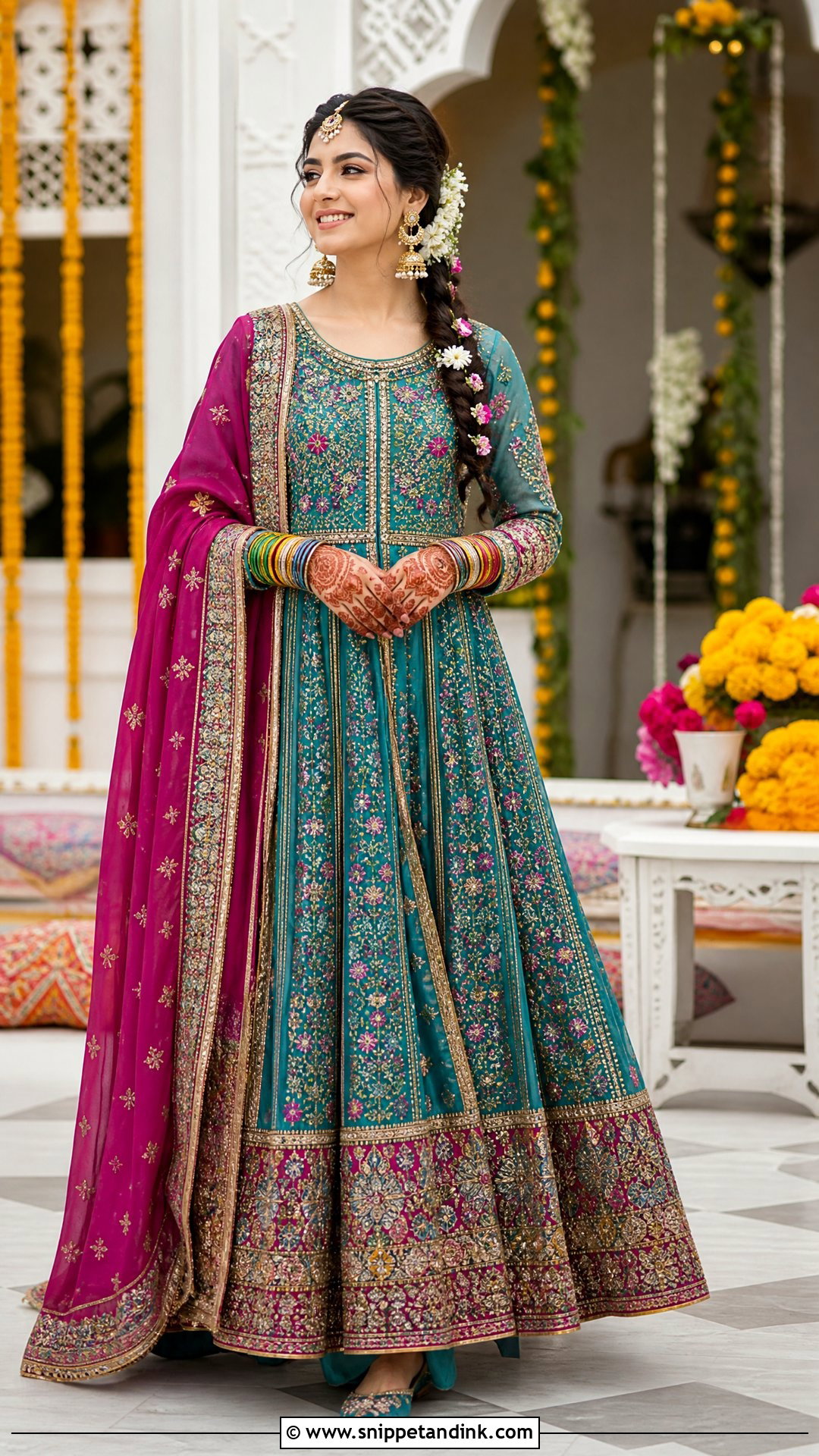 Teal Pakistani Bridal Gown With Magenta Dupatta - Snippet and Ink - 20 Pakistani Bridal Gown Ideas