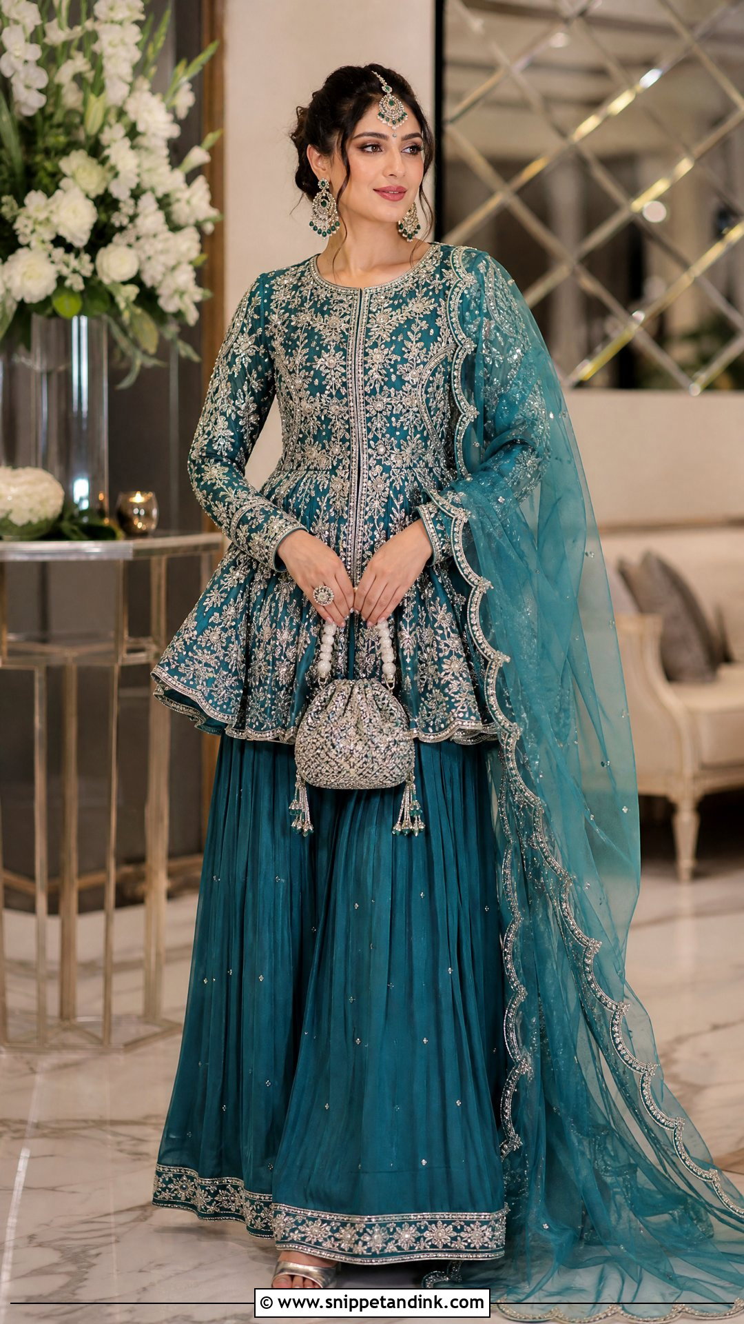 Teal Pakistani Bridal Peplum Sharara Suit - Snippet and Ink - 20 Pakistani Bridal Suits