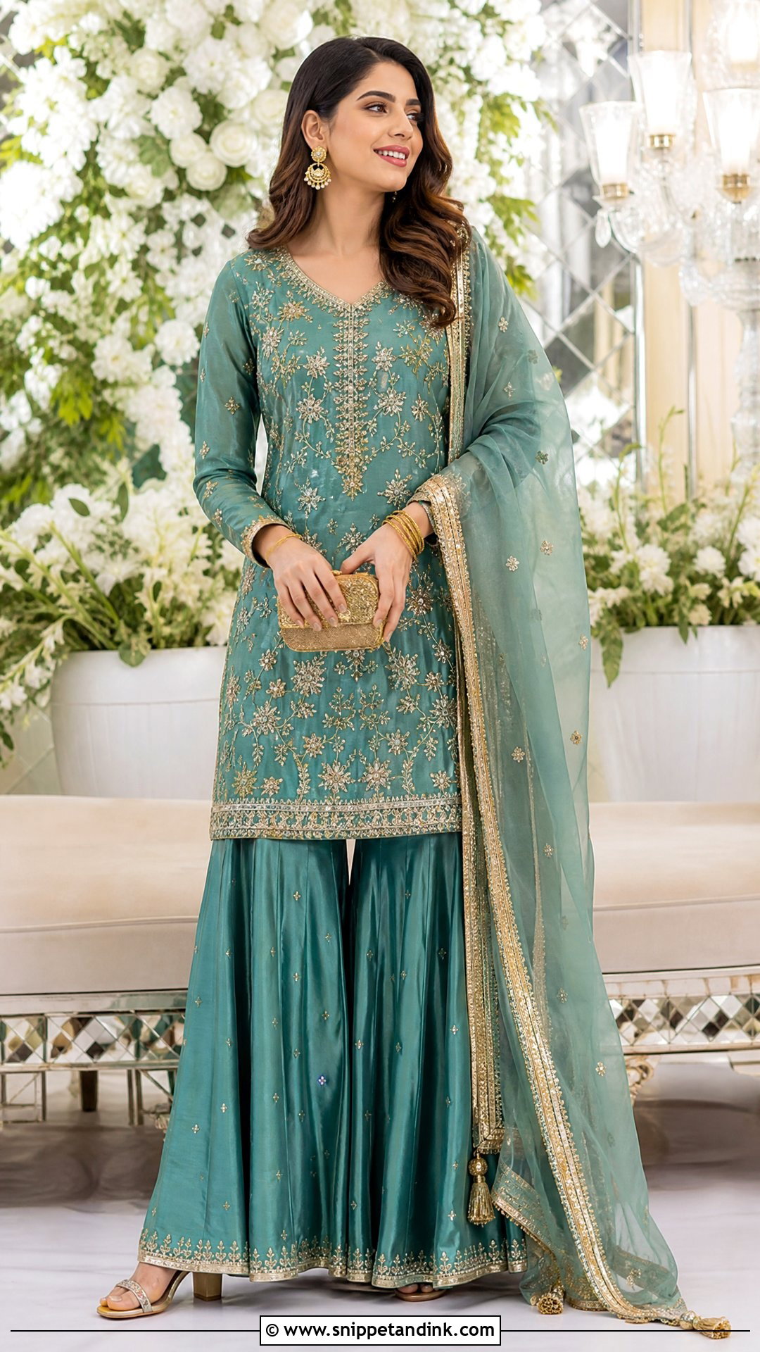 Teal Pakistani Sister Long Shirt Sharara - Snippet and Ink - 20 Pakistani Sister Wedding Dress Ideas