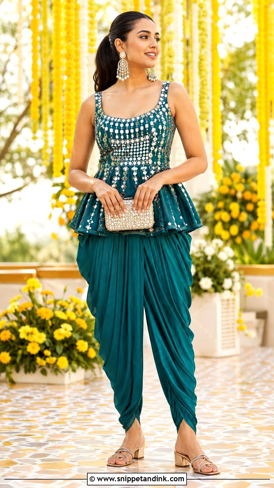 Teal Peplum Dhoti Mehndi Outfit - Snippet and Ink - 20 Mehandi Function Dresses Mehndi Outfit