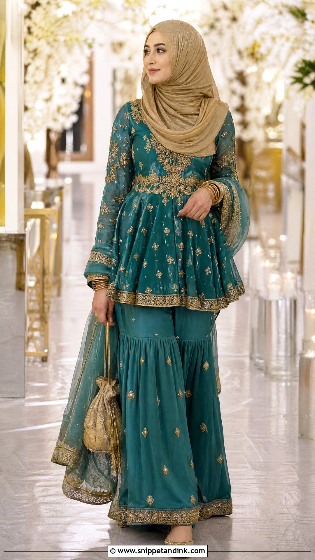 Teal Peplum Gharara With Gold Hijab - Snippet and Ink - 20 Pakistani Hijab for Wedding Party Ideas