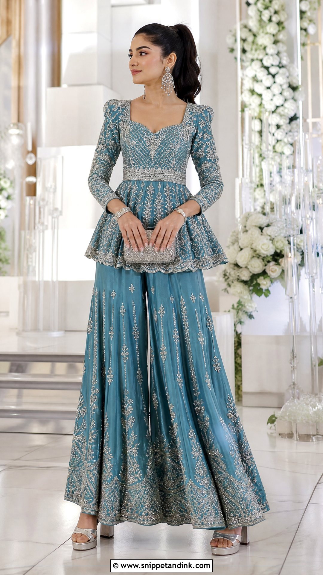 Teal Peplum Sharara For Bride Sangeet - Snippet and Ink - 25 Bride Sangeet Outfit Ideas