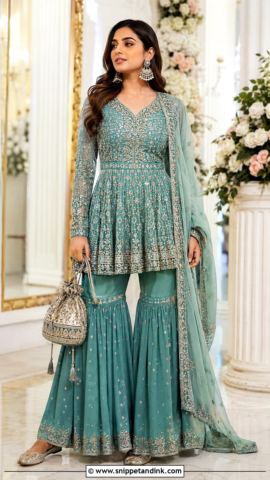 Teal Peplum Sharara Mehendi Outfit - Snippet and Ink - 20 Indian Wedding Mehendi Outfits