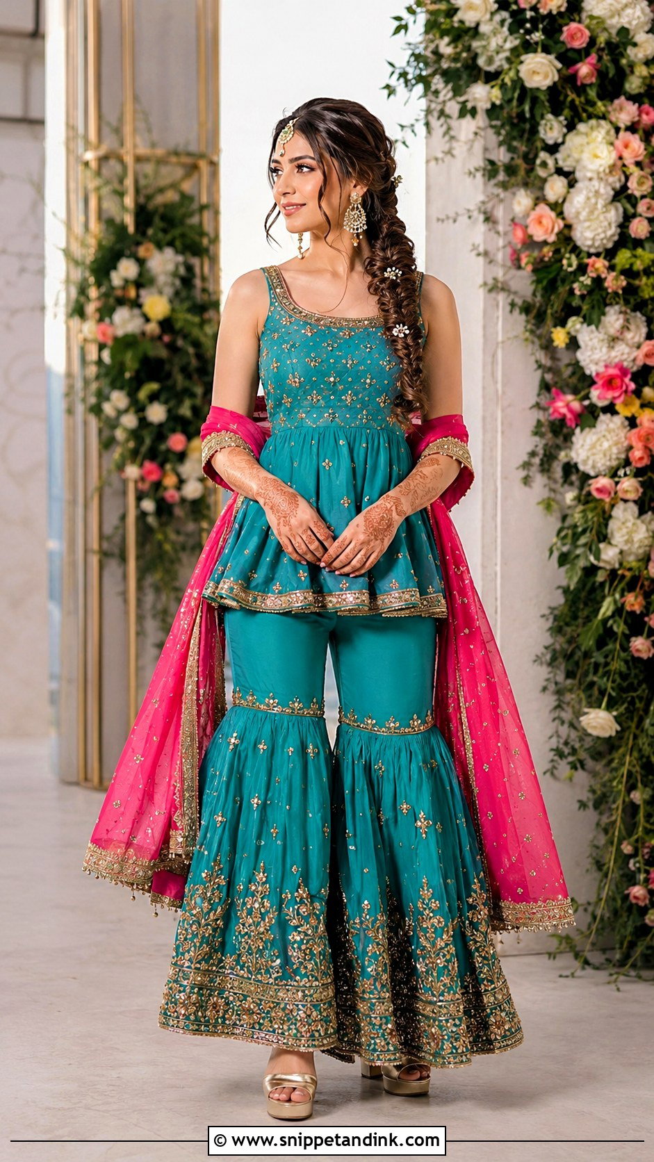 Teal Peplum Sharara Mehndi Outfit - Snippet and Ink - 20 Mehndi Ceremony Outfit for Sister Ideas
