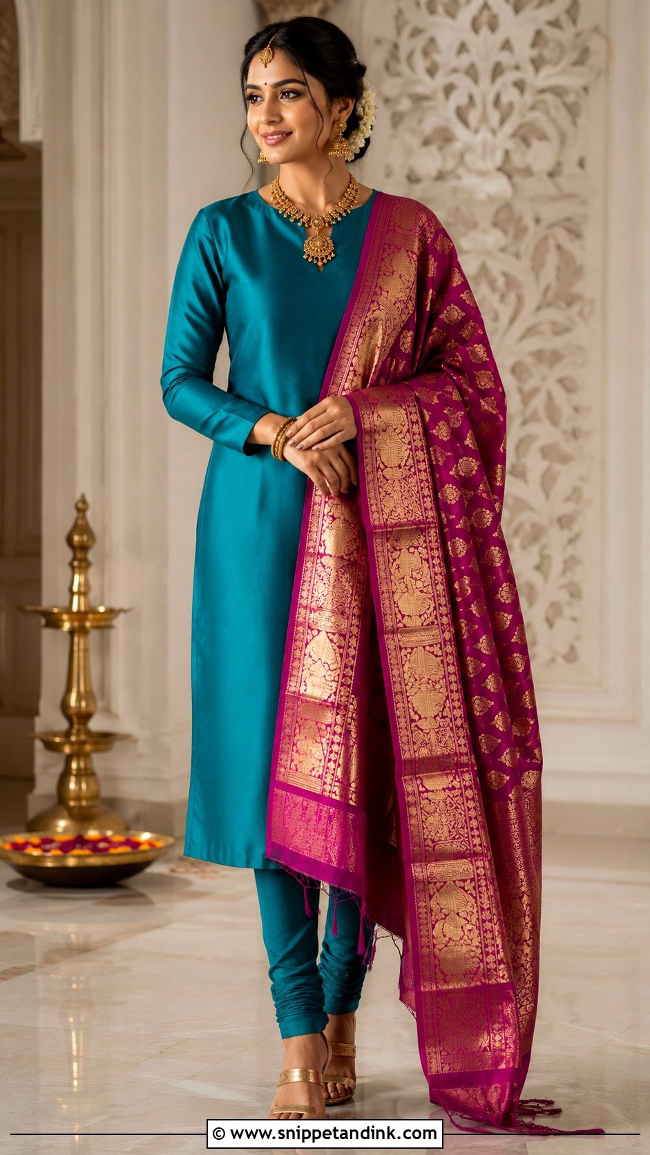 Teal Plain Suit With Heavy Kanjivaram Dupatta - Snippet and Ink - 30 Plain Suit with Heavy Dupatta Ideas