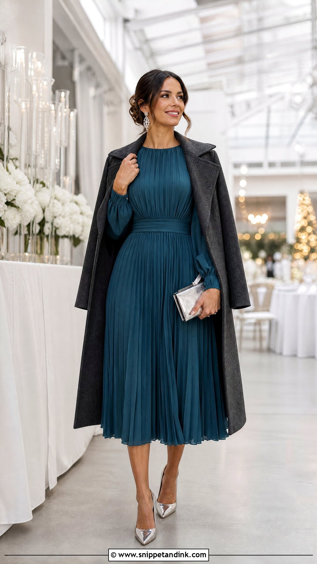 Teal Pleated Midi Dress Winter Wedding Outfit - Snippet and Ink - 20 Winter Outfit for Wedding Ideas