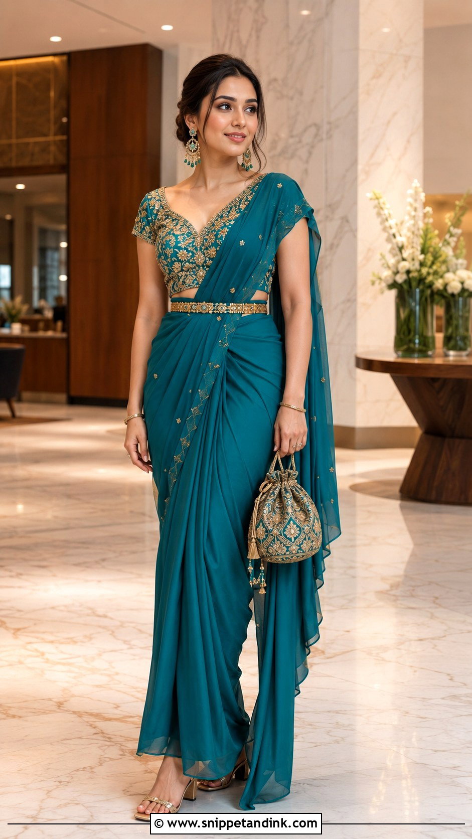 Teal Pre Draped Saree Roka Outfit - Snippet and Ink - 20 Indian Roka Outfits