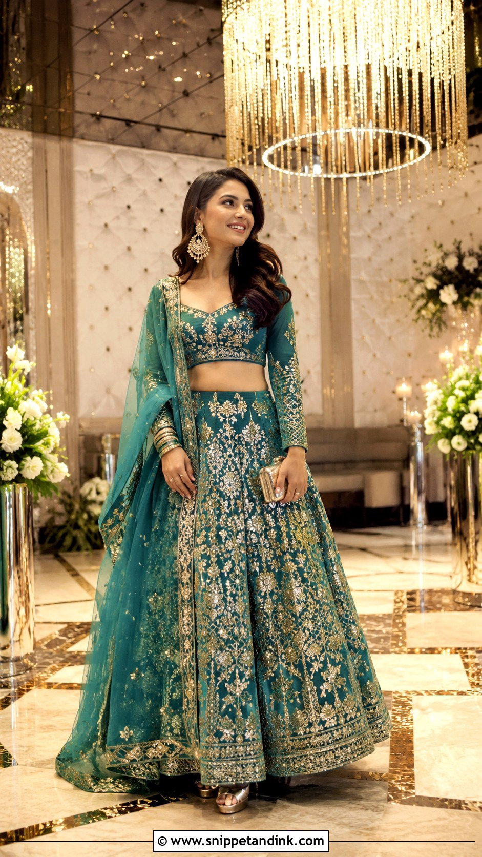 Teal Punjabi Wedding Lengha With Statement Earrings - Snippet and Ink - 25 Punjabi Wedding Lengha Ideas