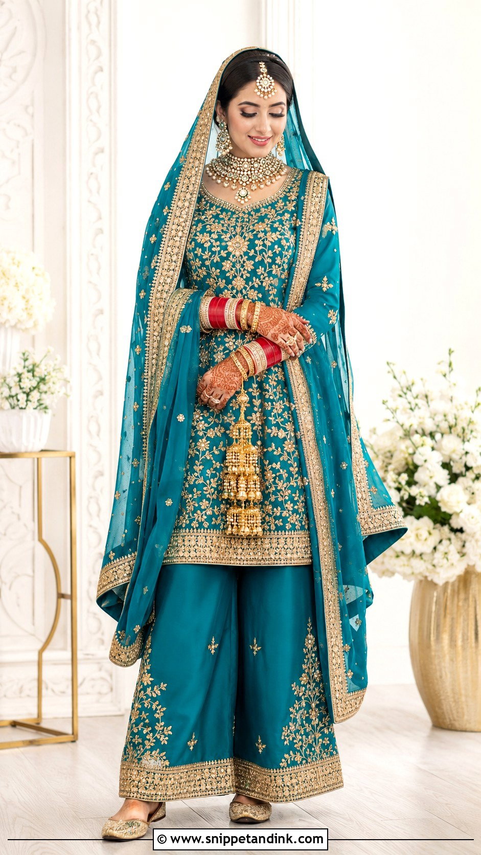 Teal Punjabi Wedding Suit With Kundan Jewelry - Snippet and Ink - 25 Punjabi Wedding Suit Bridal Sikh Bride Ideas
