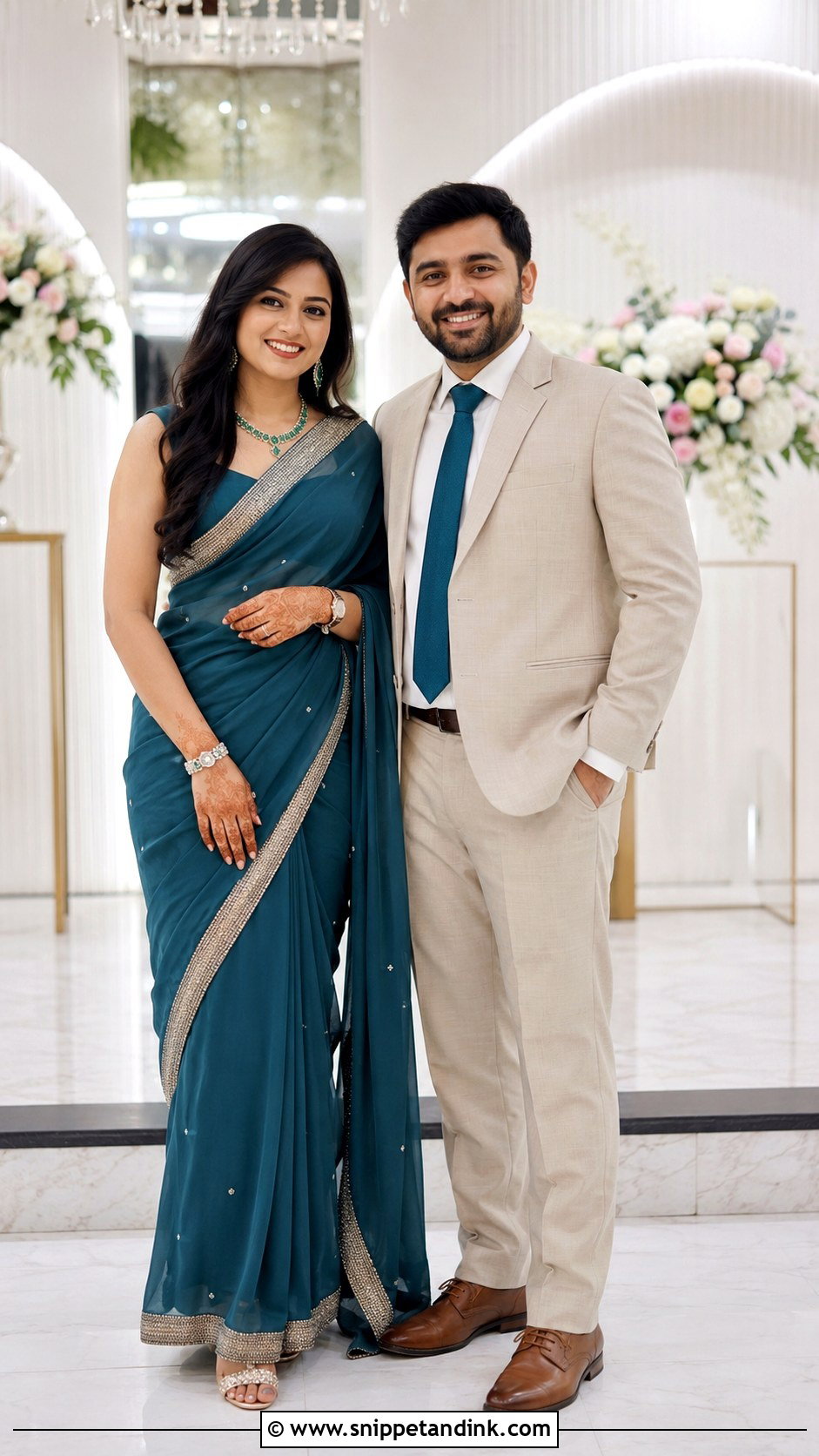 Teal Saree And Beige Suit Wedding Outfit - Snippet and Ink - 25 Couple Contrast Outfits for Wedding