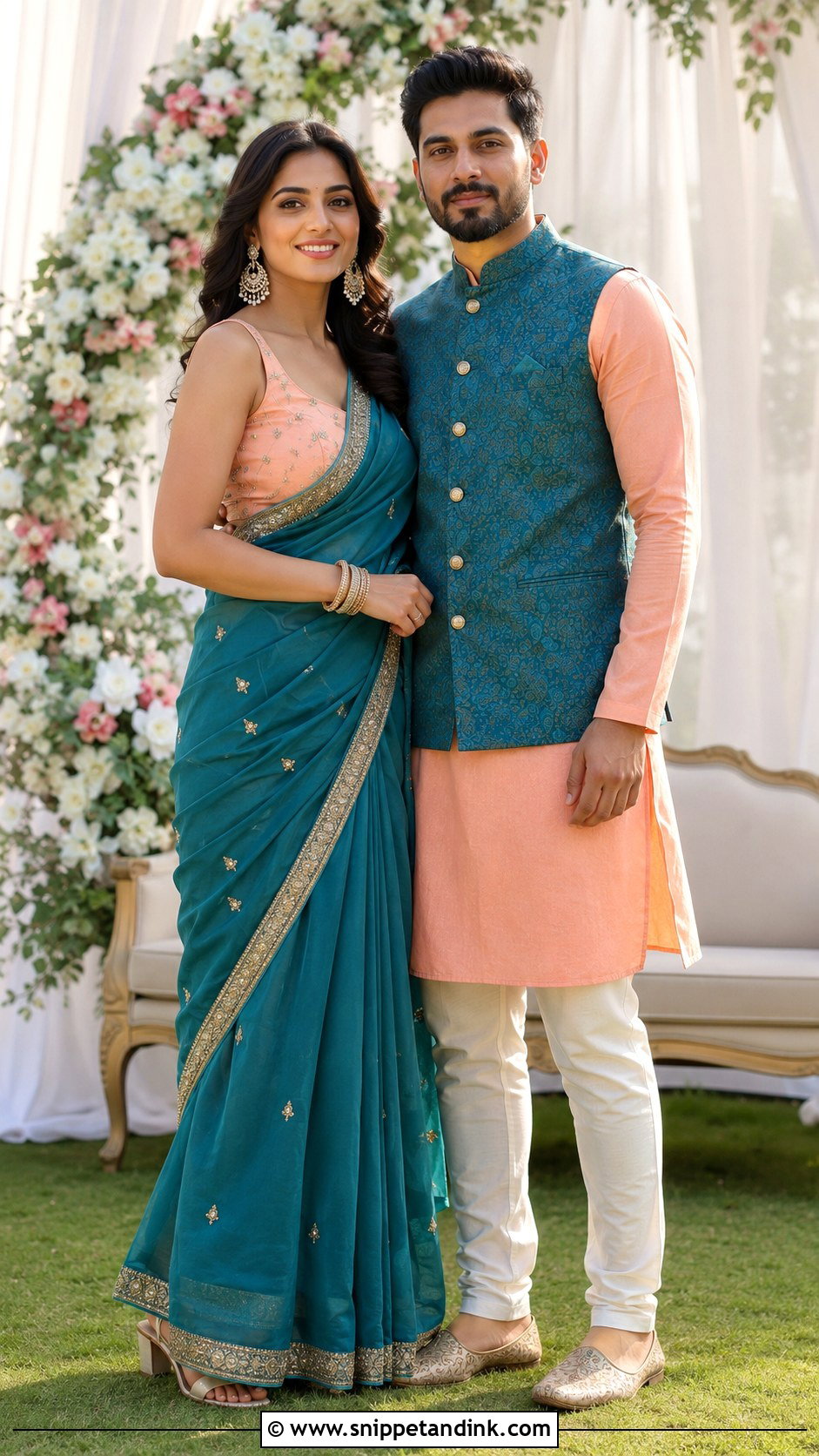 Teal Saree And Peach Kurta Couple Outfit - Snippet and Ink - 20 Indian Wedding Couple Outfits