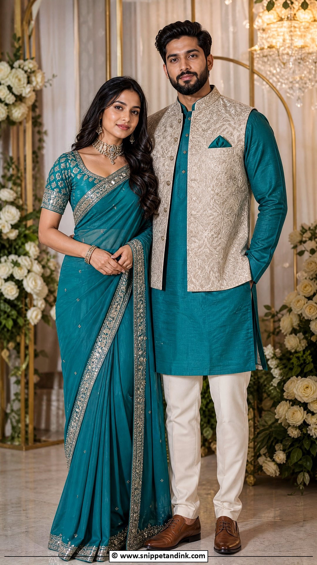 Teal Saree And Teal Kurta - Snippet and Ink - 35 Indian Couple Matching Dress Ideas