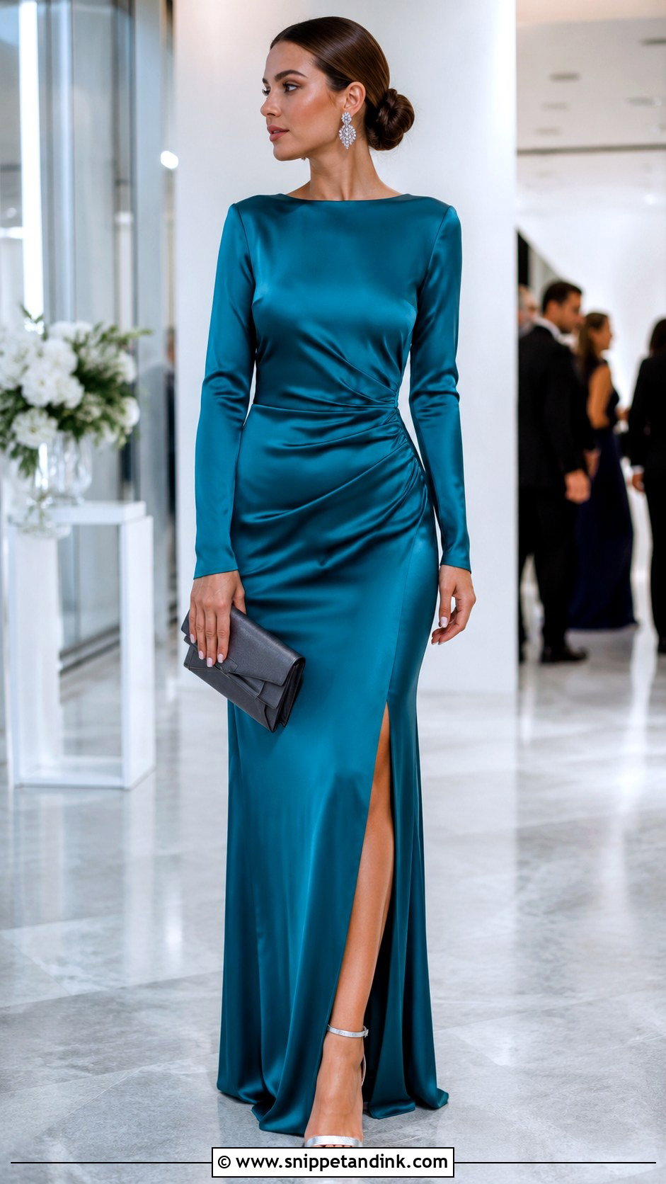 Teal Satin Column Long Sleeve Gown - Snippet and Ink - 20 Elegant Long Sleeve Gown Ideas