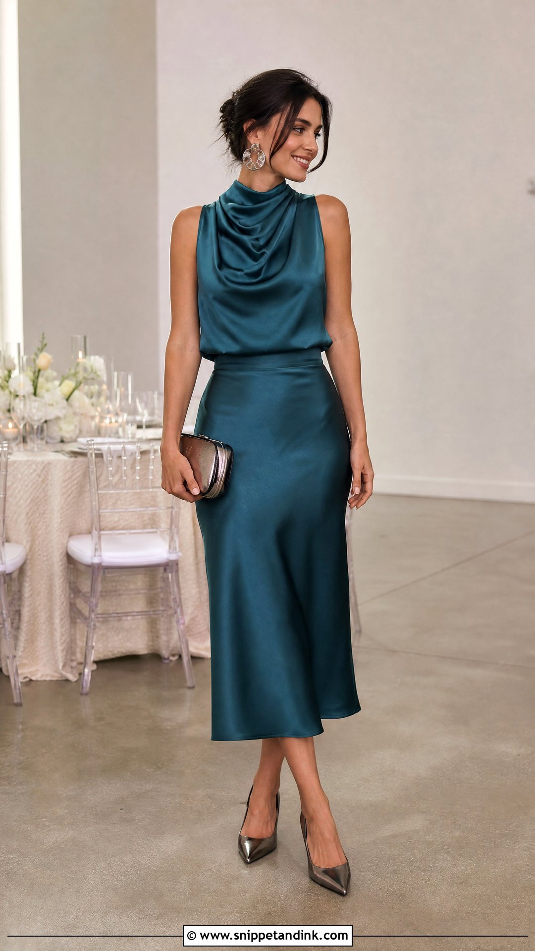 Teal Satin Skirt With Matching Satin Top - Snippet and Ink - 20 Satin Skirt Wedding Outfit Ideas