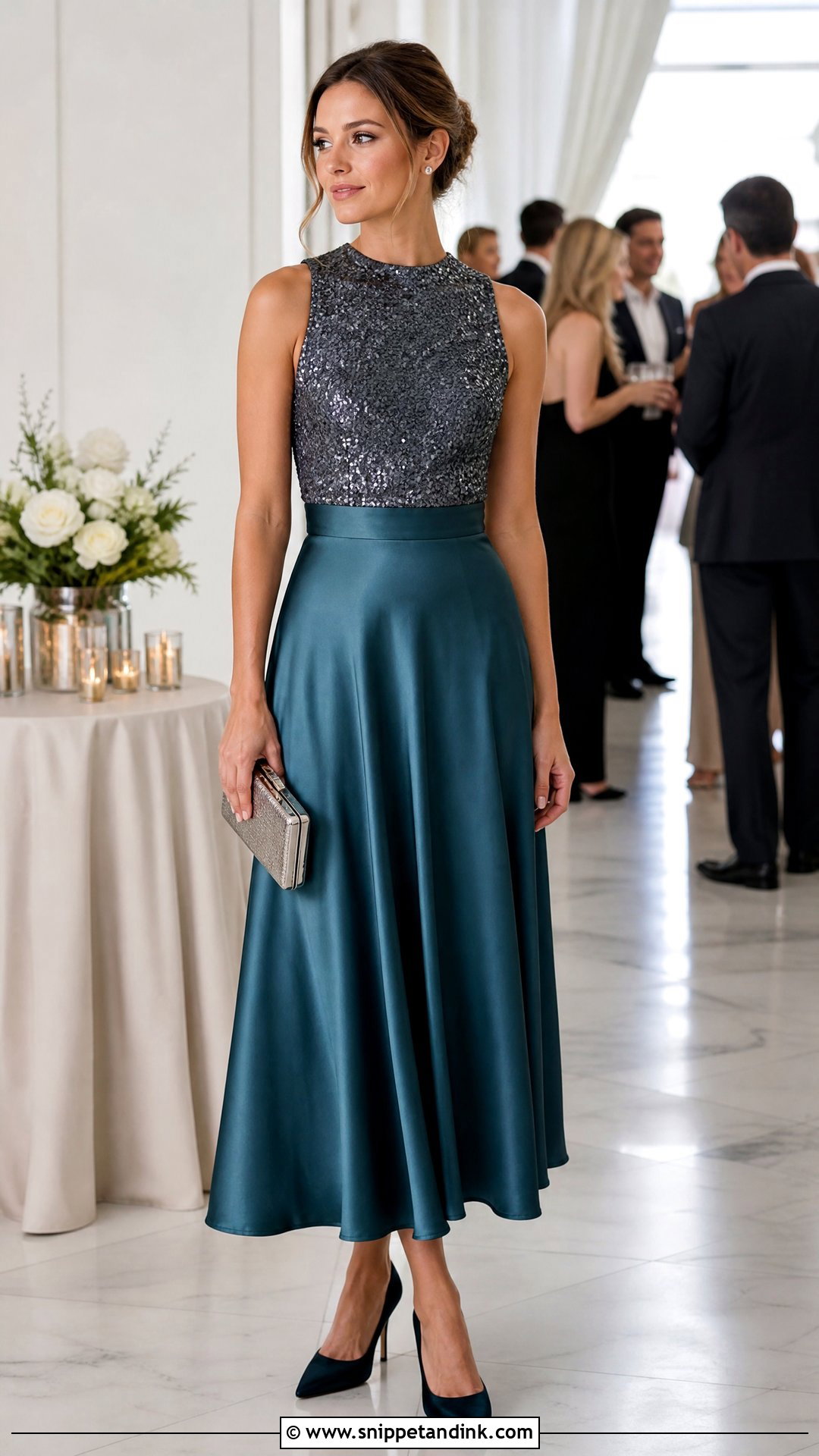Teal Satin Skirt With Sequin Shell Top - Snippet and Ink - 20 Satin Skirt Outfit for Wedding Ideas