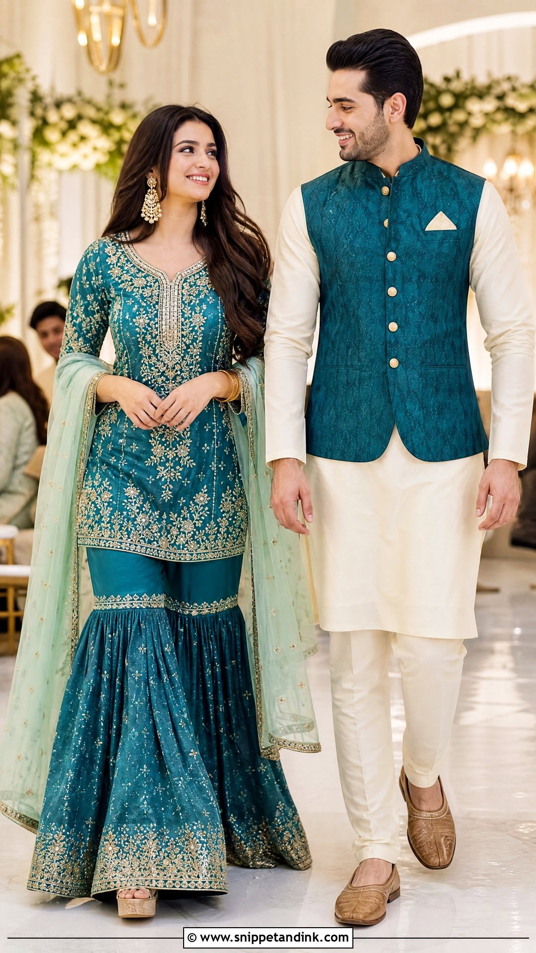Teal Sharara And Ivory Nehru Jacket Sangeet Couple Outfit - Snippet and Ink - 20 Sangeet Outfit for Couple Ideas
