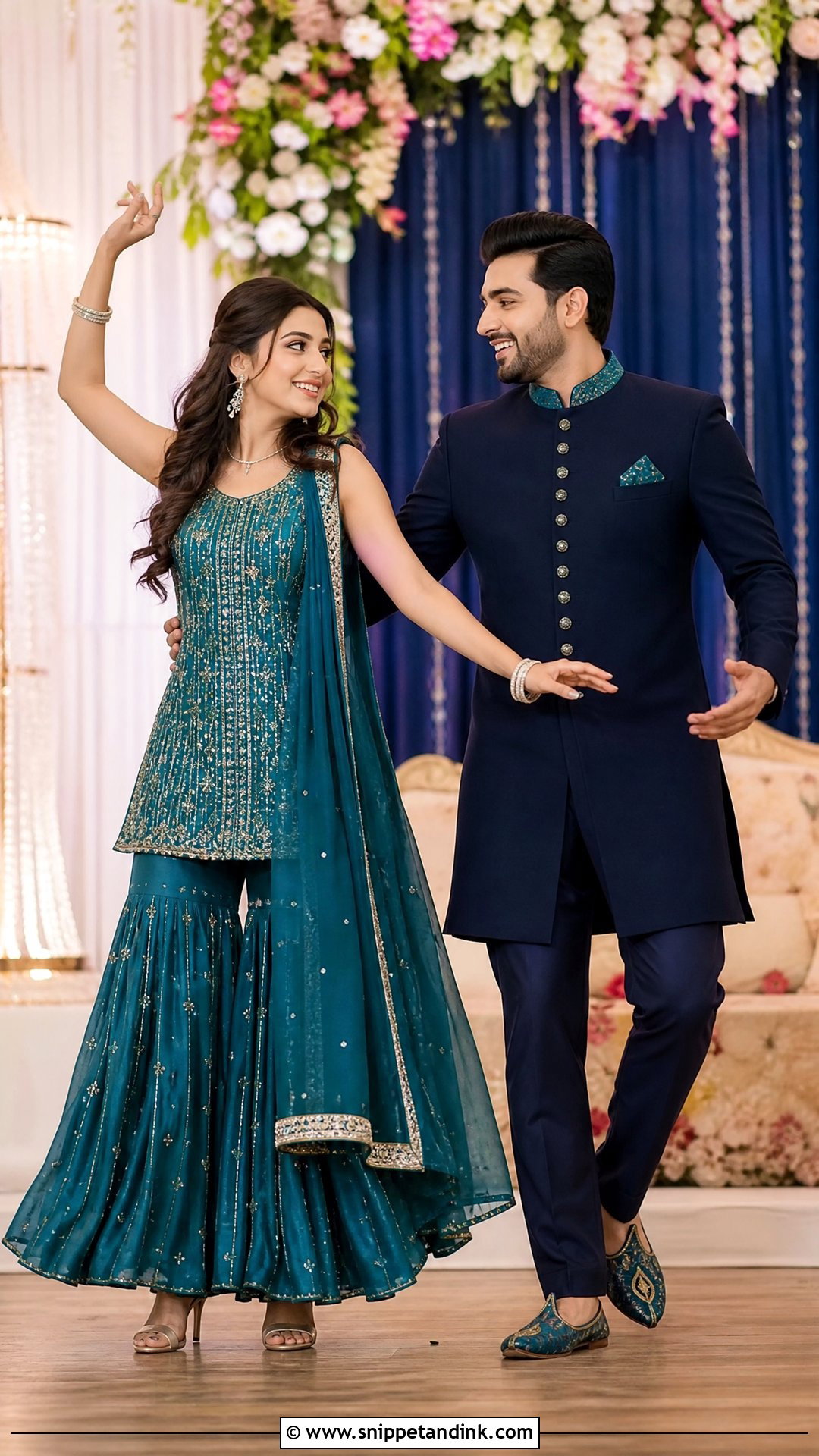 Teal Sharara And Midnight Blue Achkan Sangeet Couple Outfit - Snippet and Ink - 25 Sangeet Couple Outfits