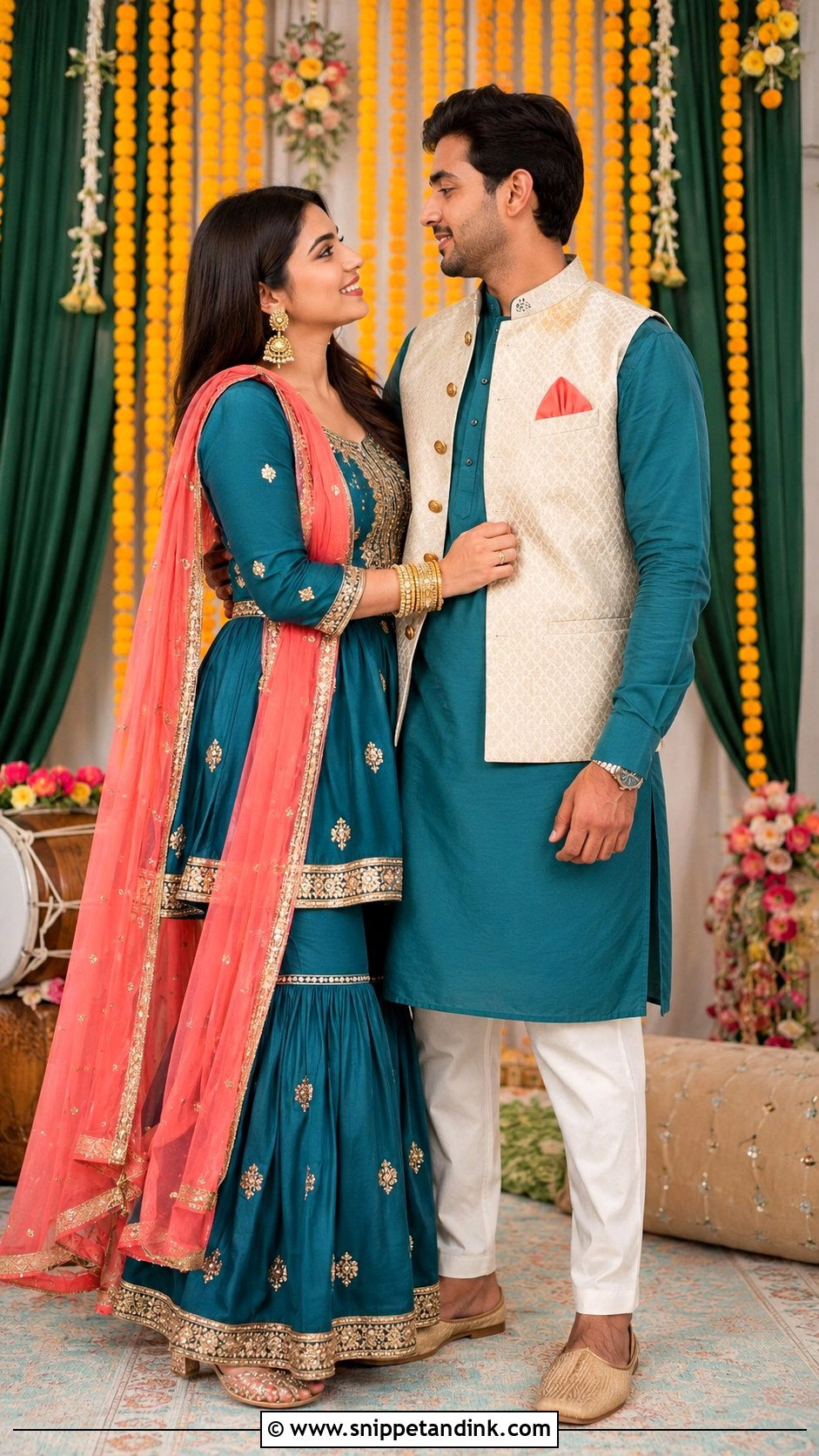 Teal Sharara And Teal Kurta Desi Couple Outfit - Snippet and Ink - 20 Desi Couple Outfits