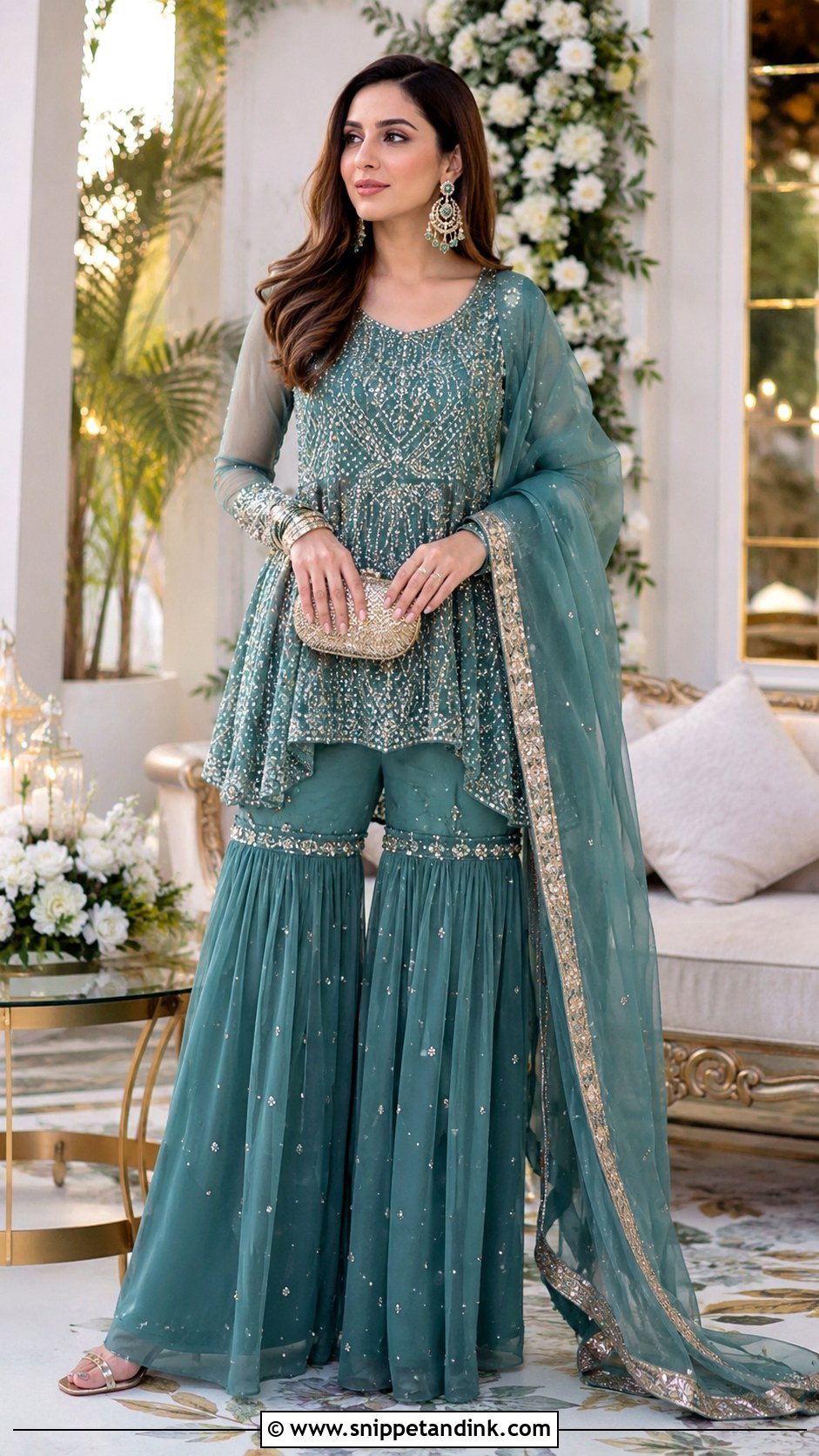 Teal Sharara With Embellished Peplum - Snippet and Ink - 30 Pakistani Wedding Dresses