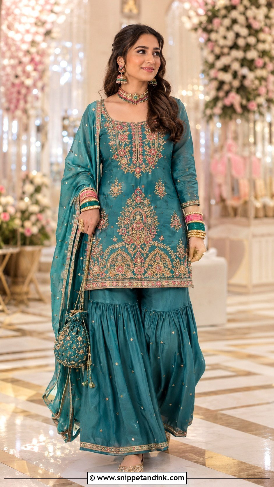 Teal Sharara With Meenakari Bangle Set - Snippet and Ink - 20 Bridal Bengal Set Ideas