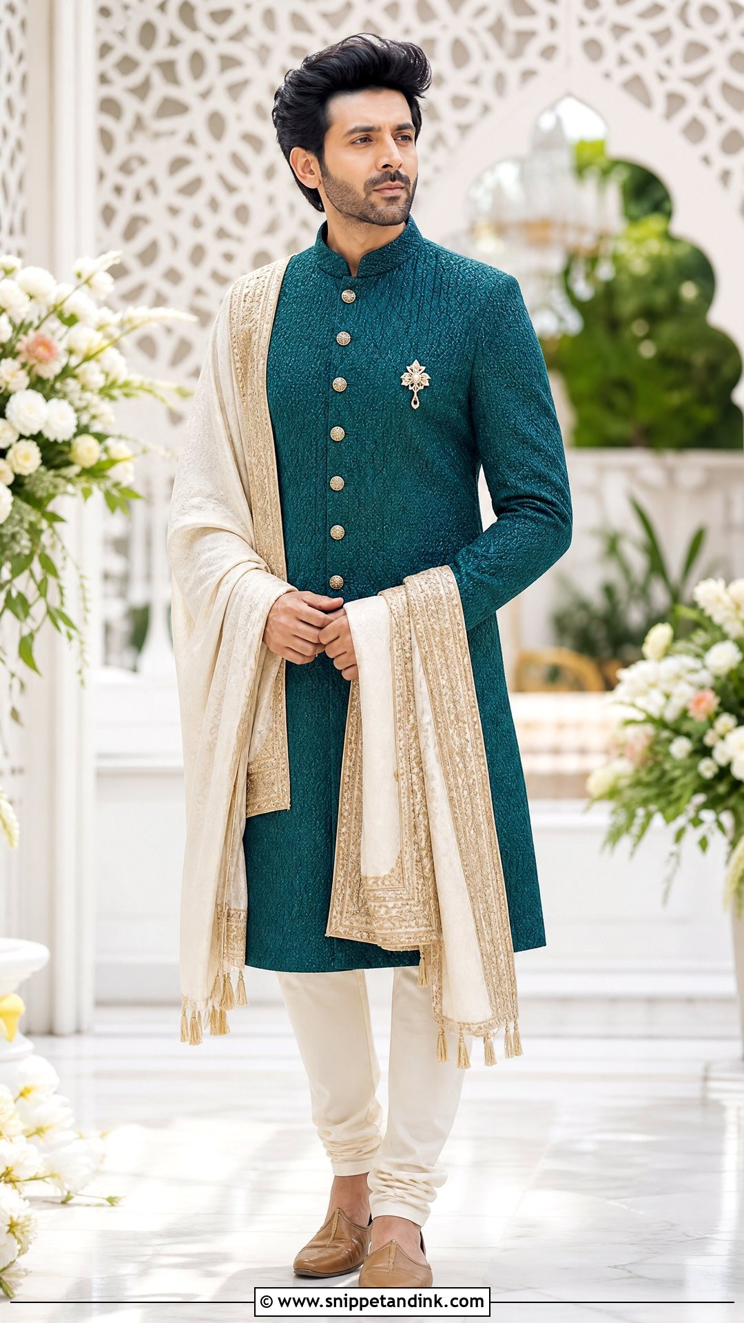 Teal Sherwani With Stole - Snippet and Ink - 25 Indian Bride Brother Outfit Ideas