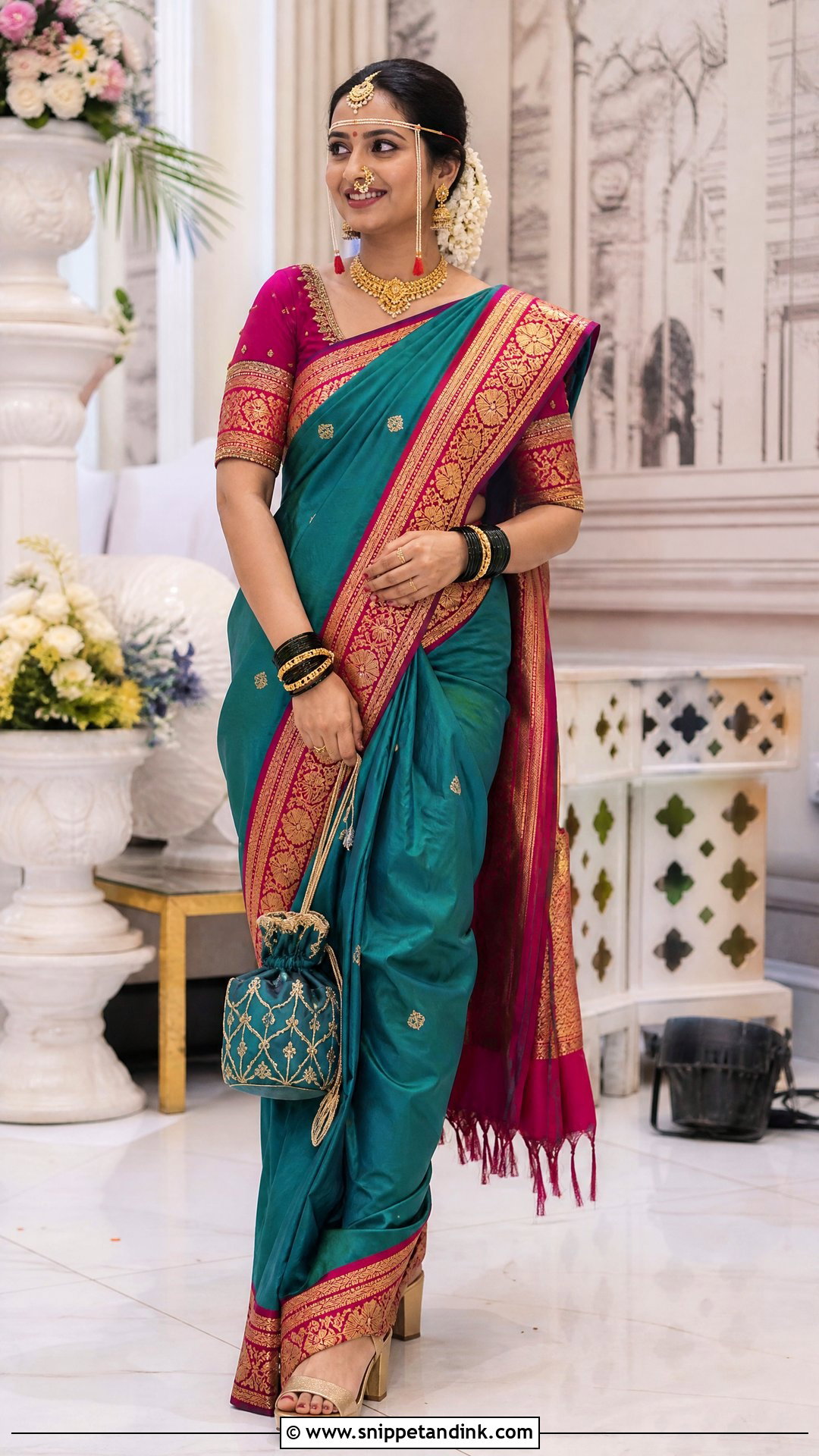 Teal Silk Marathi Bride Look - Snippet and Ink - 20 Simple Marathi Bride Look Ideas