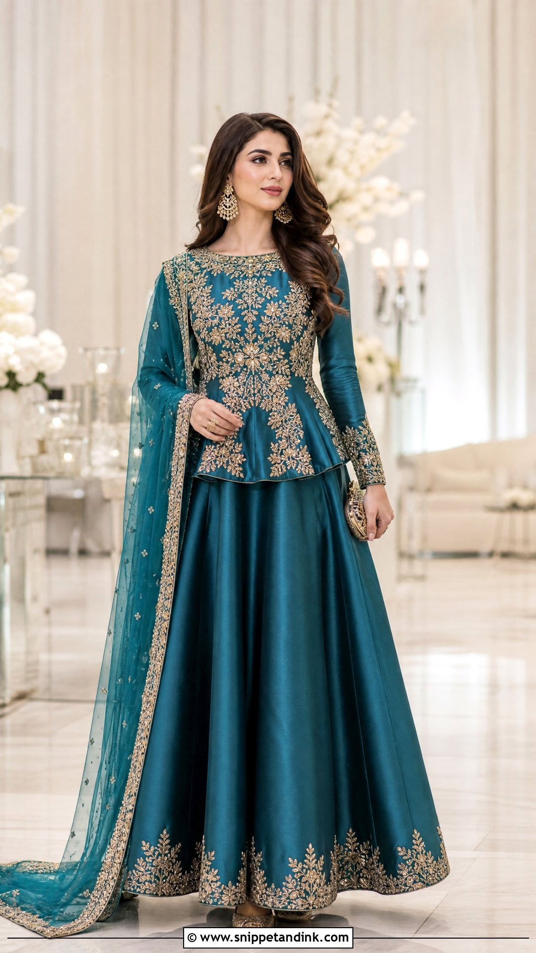 Teal Silk Peplum And Lehenga - Snippet and Ink - 20 Pakistani Silk Wedding Dress Ideas