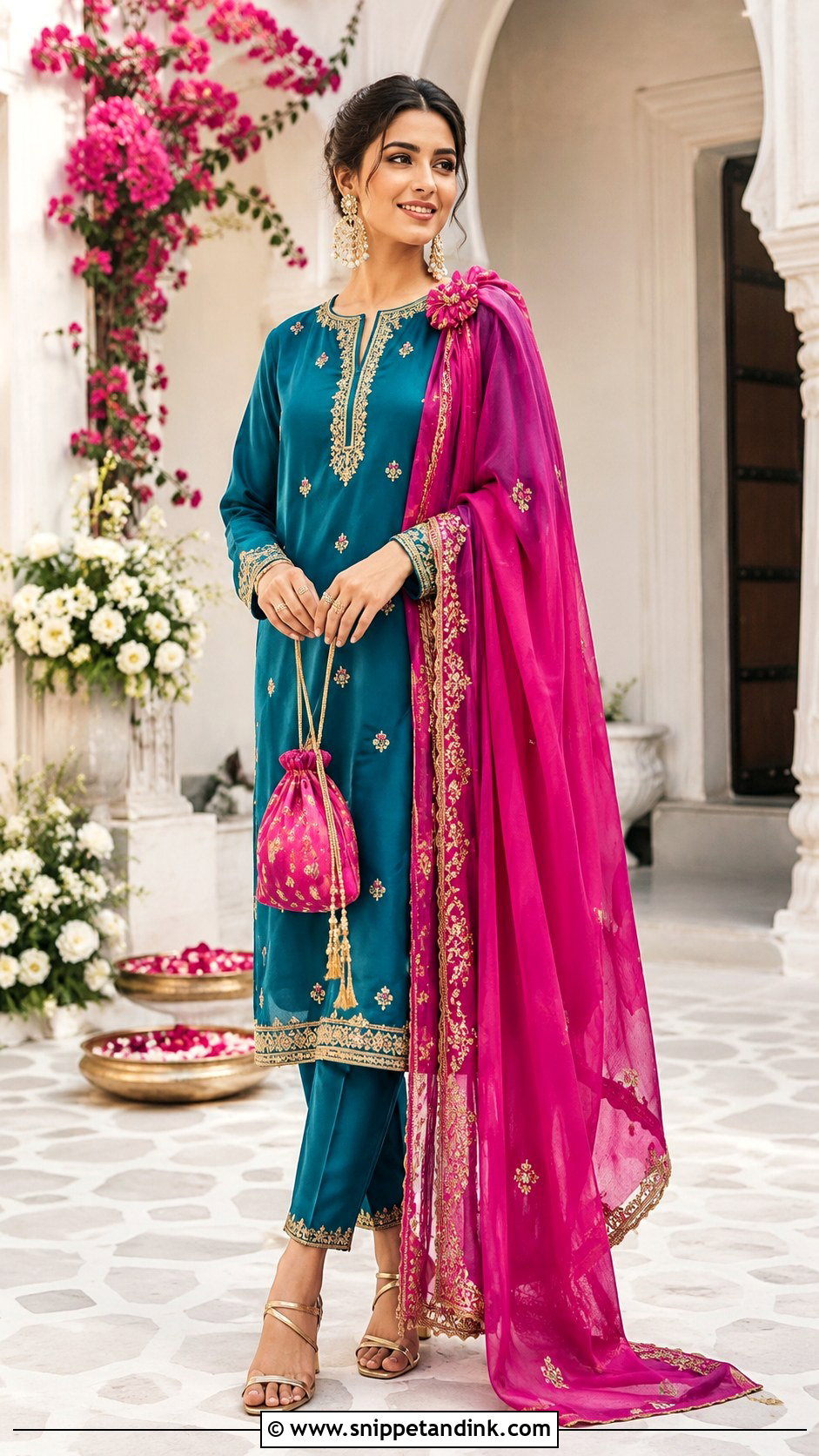 Teal Suit With Magenta Kiran Dupatta - Snippet and Ink - 20 Kiran Dupatta Ideas