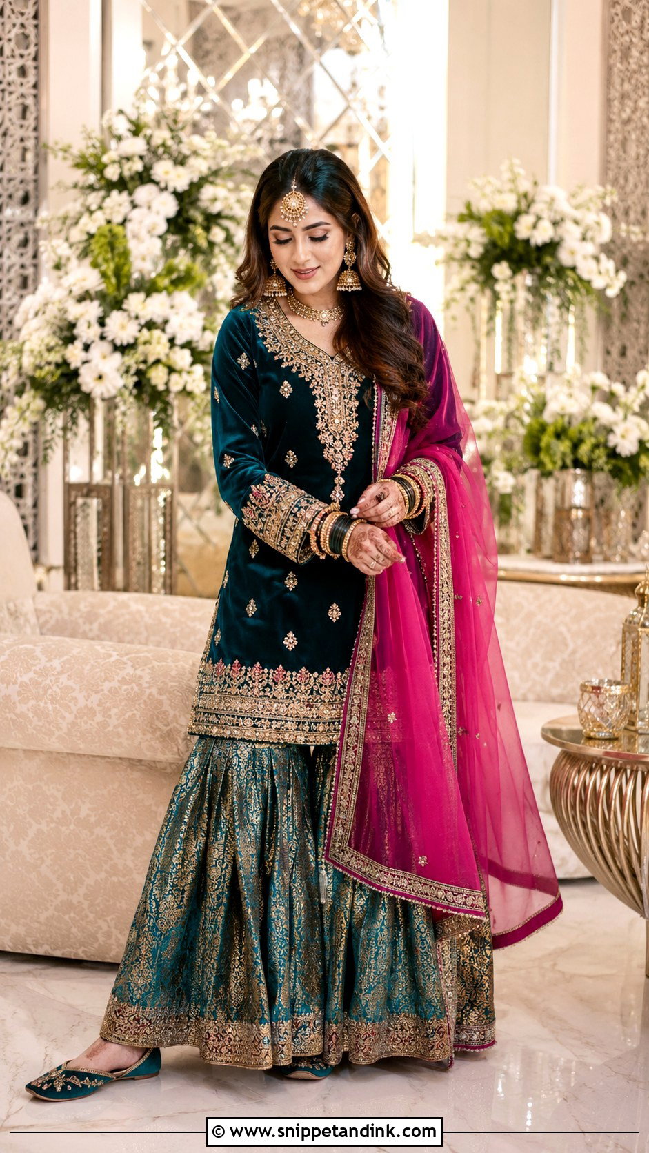Teal Velvet Winter Dholki Dress - Snippet and Ink - 20 Dholki Dress for Bride Ideas