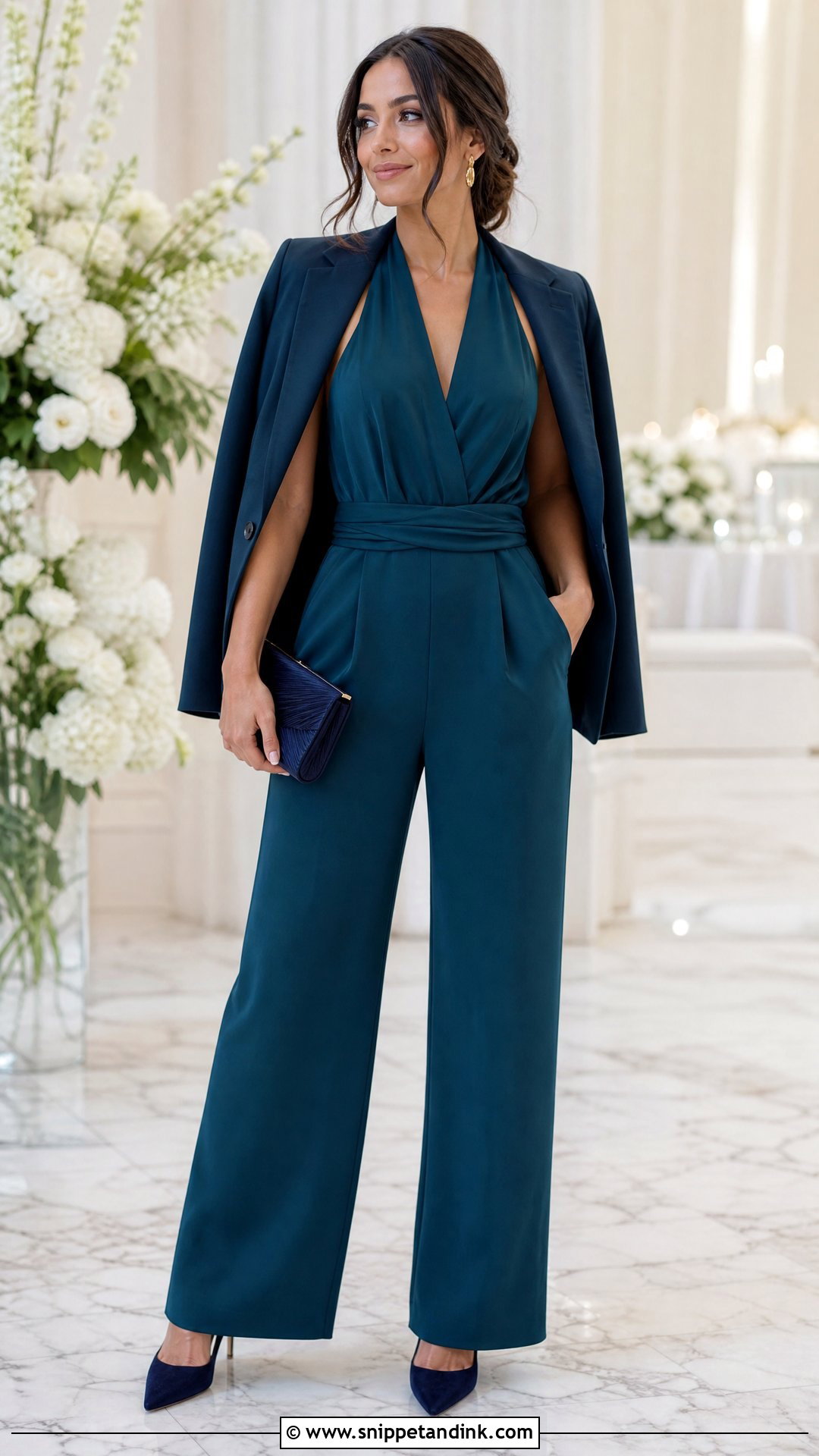 Teal Wide Leg Jumpsuit Wedding Outfit - Snippet and Ink - 20 Old Money Outfits for Wedding