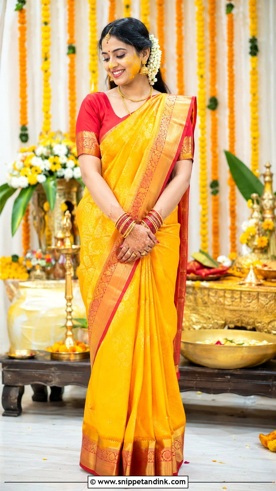 Telugu Bride Yellow Pellikuthuru Saree - Snippet and Ink - 25 Telugu Bride Ideas